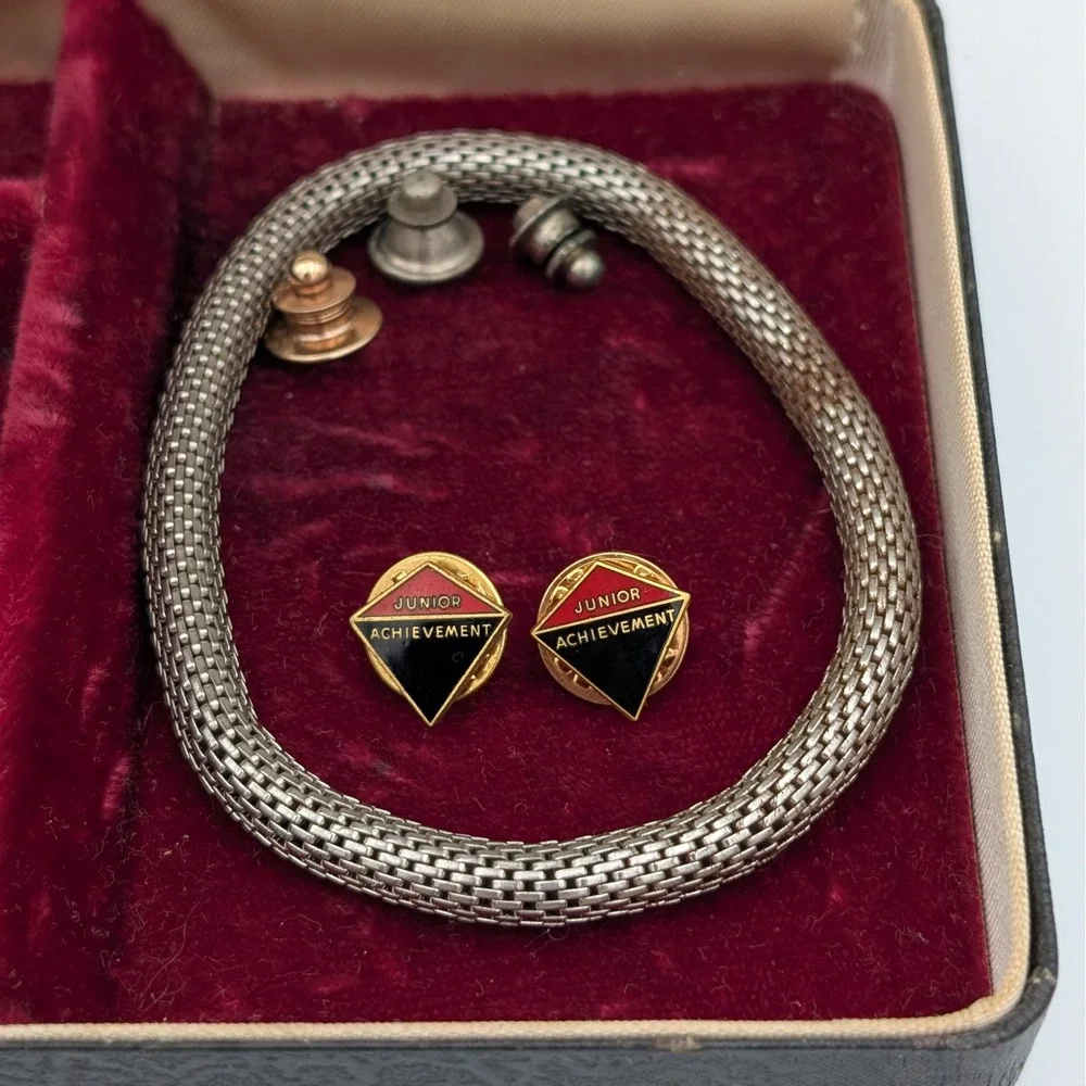 VTG Hickok Men's Jewelry Box Marlin Fishing Cufflinks Pins Mesh Bracelet Lot